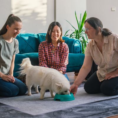three women watch as a dog eats from a bowl