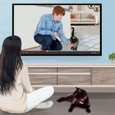 illustration of a woman and her cat watching a training video