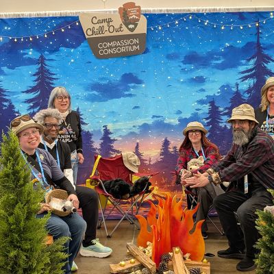 a group of people gathered around a pretend camp fire
