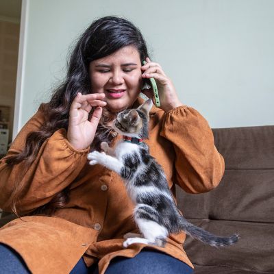 a young woman on her phone plays with a kitten on her lap