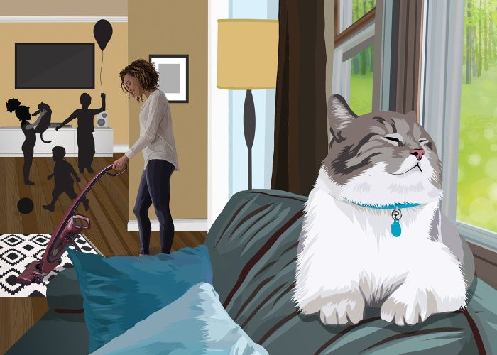 Illustration of a cat relaxing while a family plays and does chores behind it.