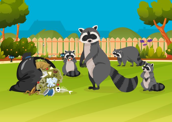 Illustration of a raccoon family going through opened trash bag in someone's backyard.