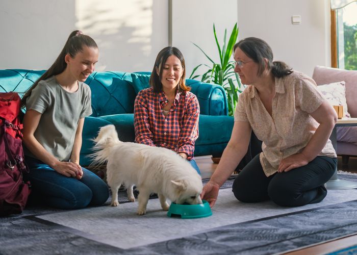 three women watch as a dog eats from a bowl