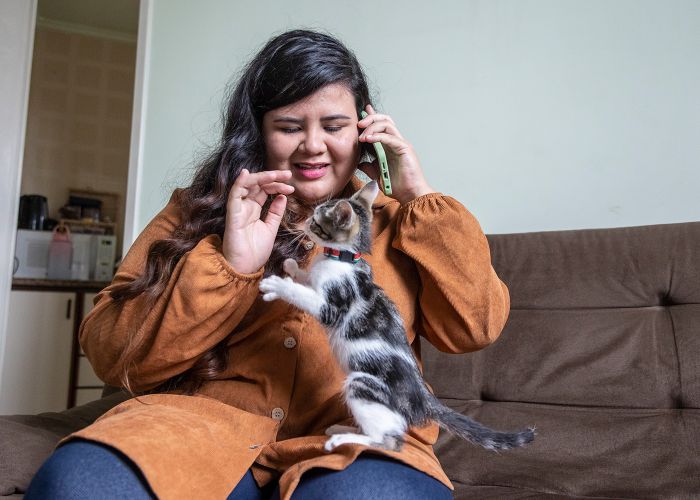 a young woman on her phone plays with a kitten on her lap