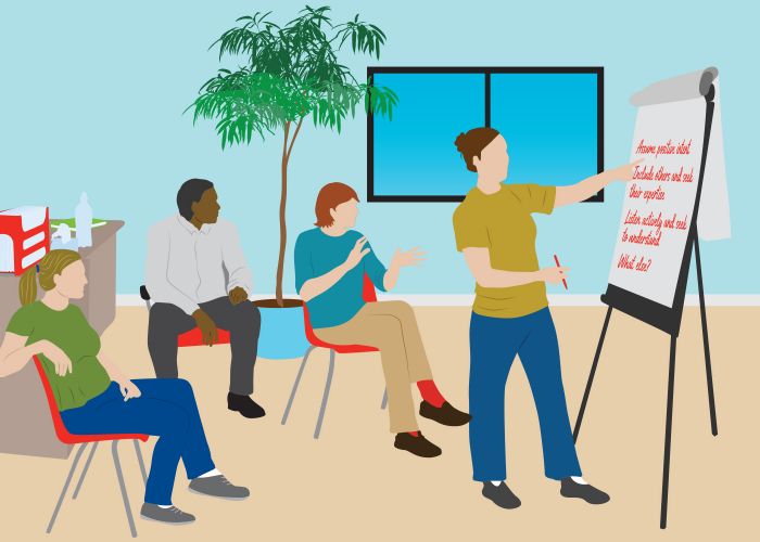 illustration of a person presenting a list on a whiteboard to others
