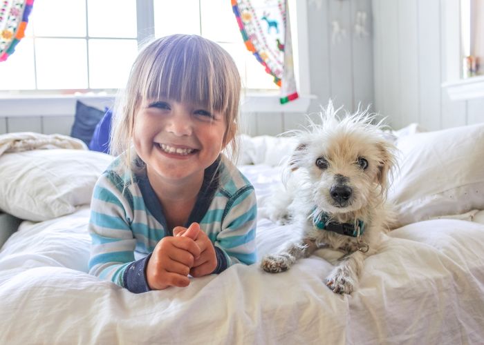 a smiling young girl and dog laying on a bed