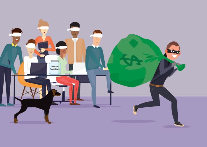 illustration of a thief running away from a group of blindfolded people with a large sack of money
