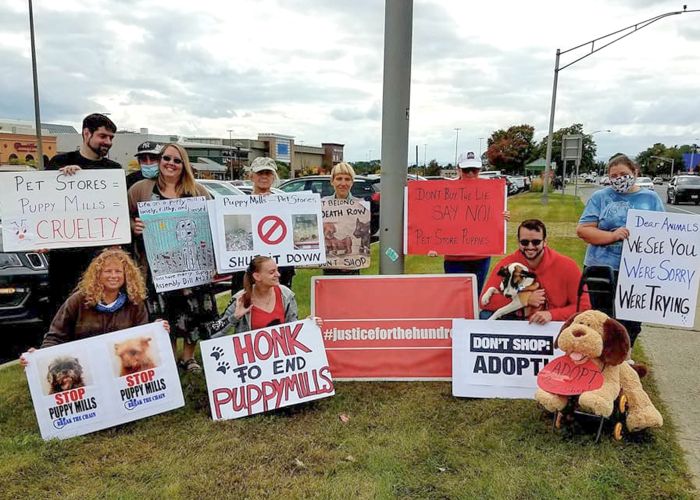 a group of people gathered with signs to end puppy mills