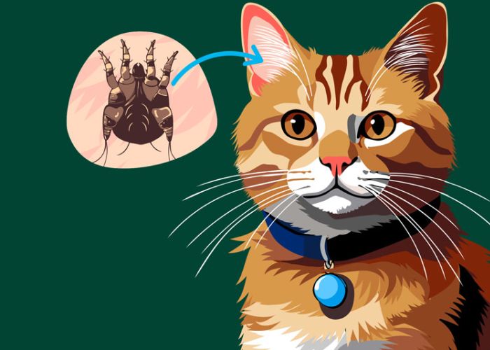 illustration of a cat with a close up image of an ear mite