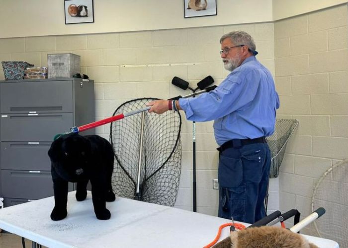 a man demonstrates how to use a control pole on a toy dog