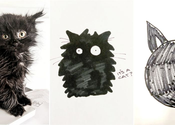 collage of a black kitten and two drawings