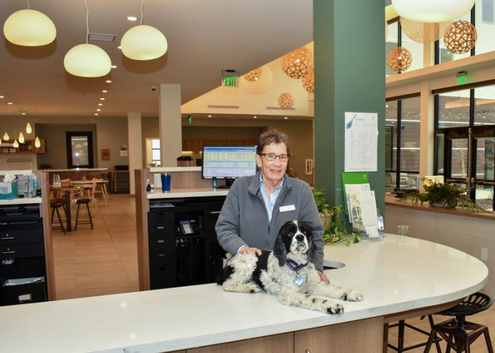 a woman stands at the front desk of a hotel with her foster dog