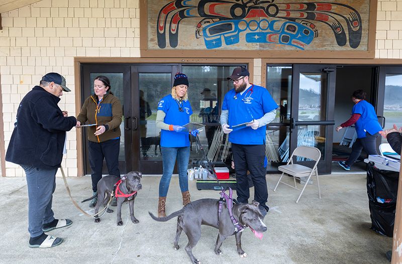 A Rural Area Veterinary Services client checks in at a clinic serving the Quinault Nation in Taholah, Washington, in April.