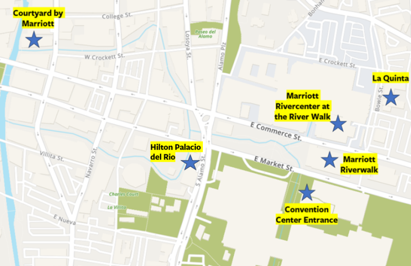 a map depicting the distance between hotels and the convention center