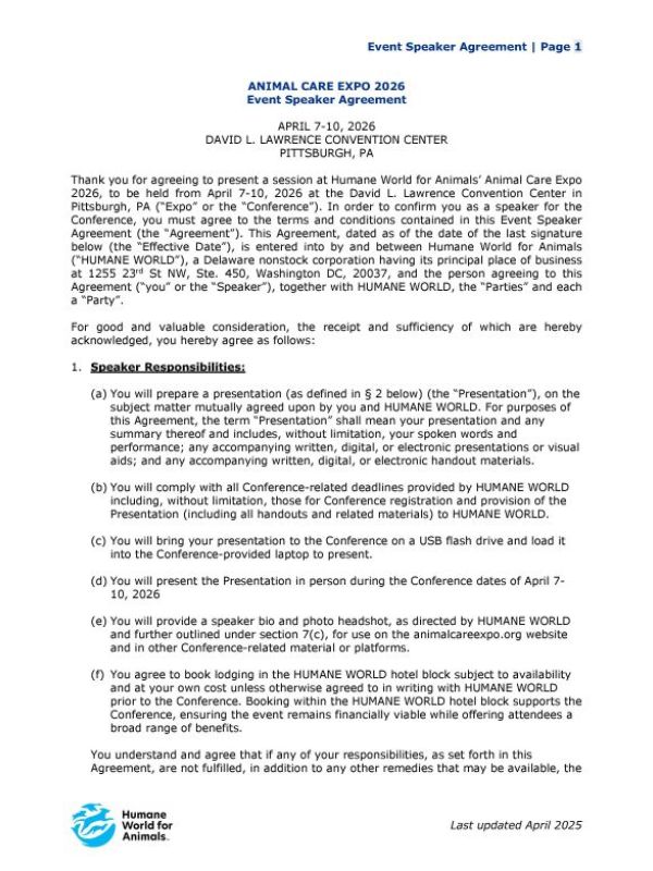 First page of the speaker agreement