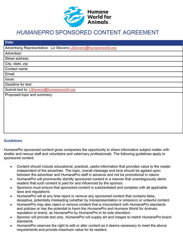 HumanePro Sponsored Content Agreement