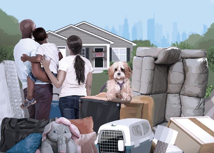illustration of a family gathered in front of their home with moving boxes and furniture