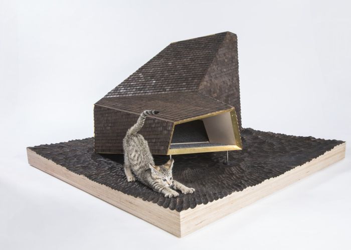 a cat stretching atop an angular enclosure
