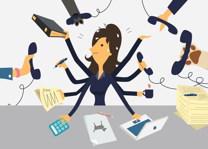 illustration of a stressed woman surrounded by phones and work